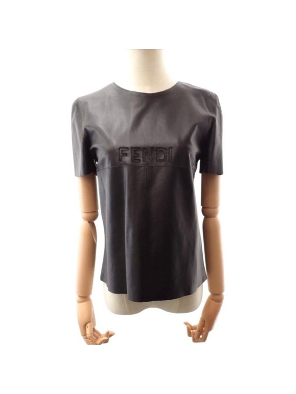 Fendi Leather T-Shirt Vintage L Short Sleeve Lambskin Black Top 44